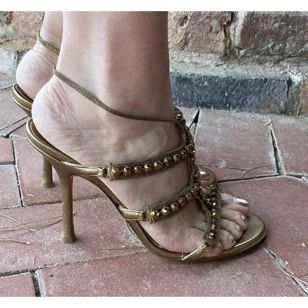 Jimmy Choo Gold Metallic Leather And Jewel Embellished Strappy Sandals - Picture 7 of 12